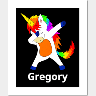 Gregory First Name Personalized Dabbing Unicorn Posters and Art